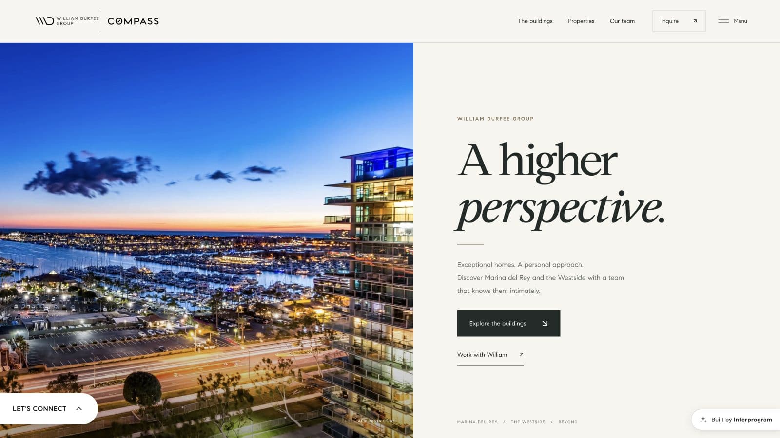 William Durfee Group’s rebuilt homepage, with Marina del Rey at dusk and the headline A higher perspective.